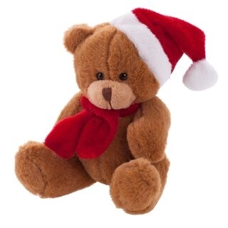 Brown Christmas bear in cap and scarf suitable for printing